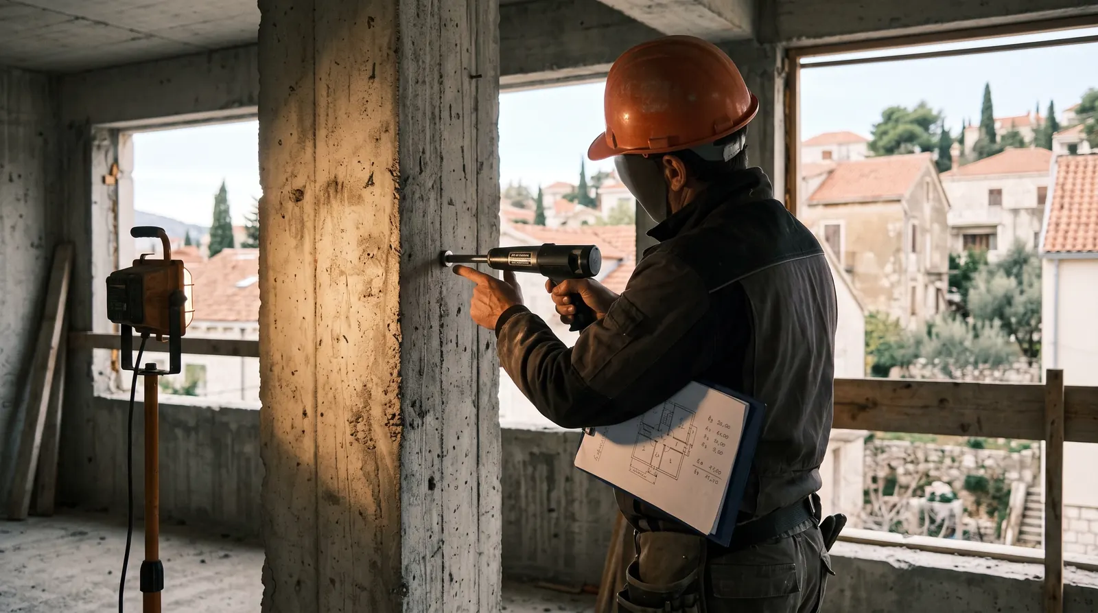 Structural engineer using a handheld testing device against an exposed concrete column inside an older building, taking notes on a clipboard