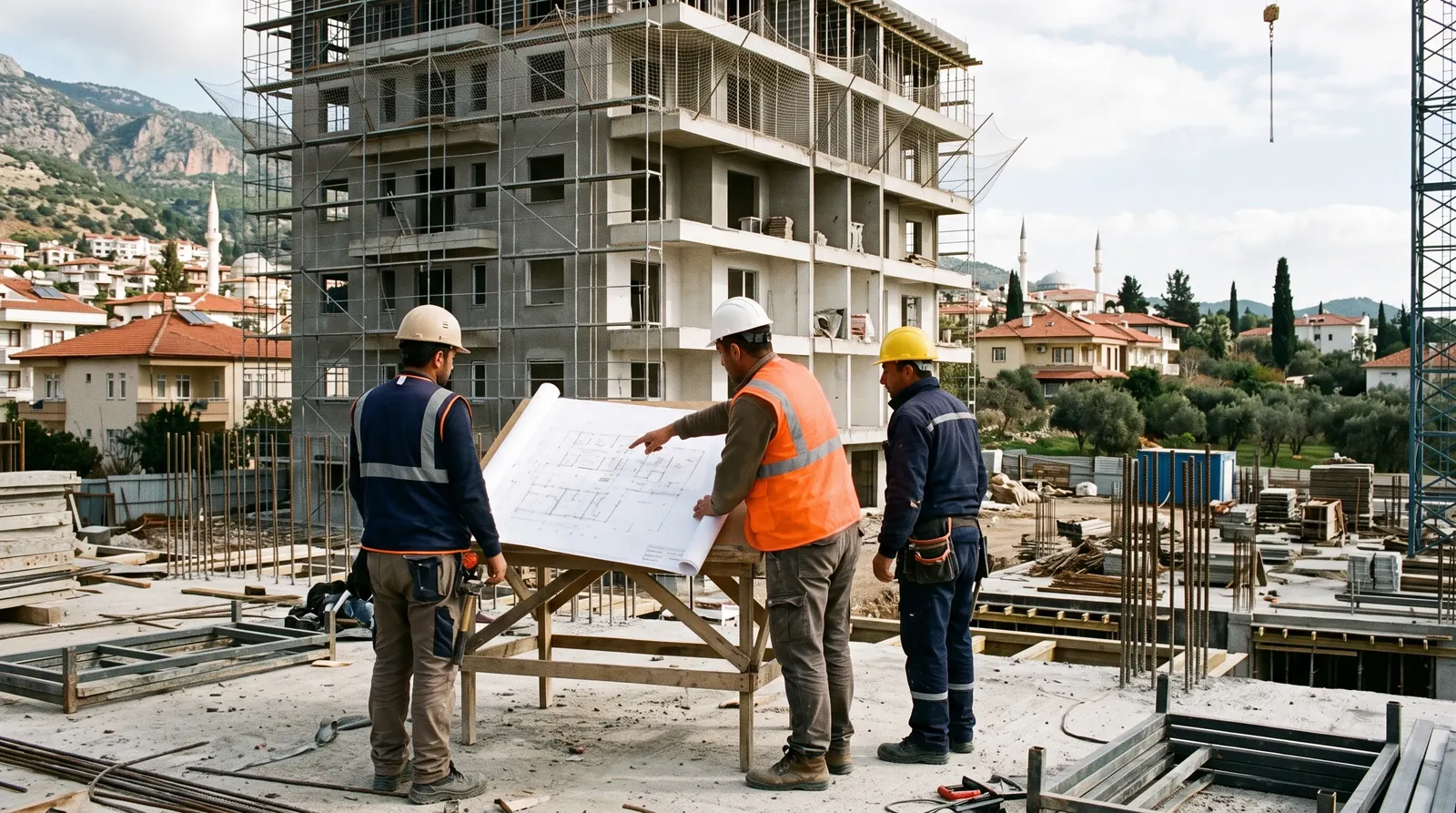 A general contractor reviewing plans with a specialist crew on an active construction site