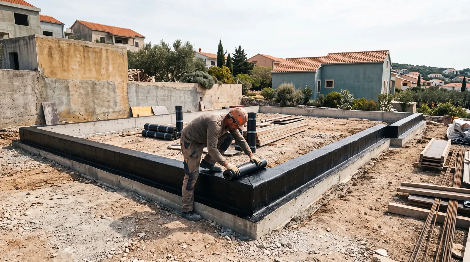 Worker applying bituminous waterproofing and thermal insulation around a shallow foundation footing