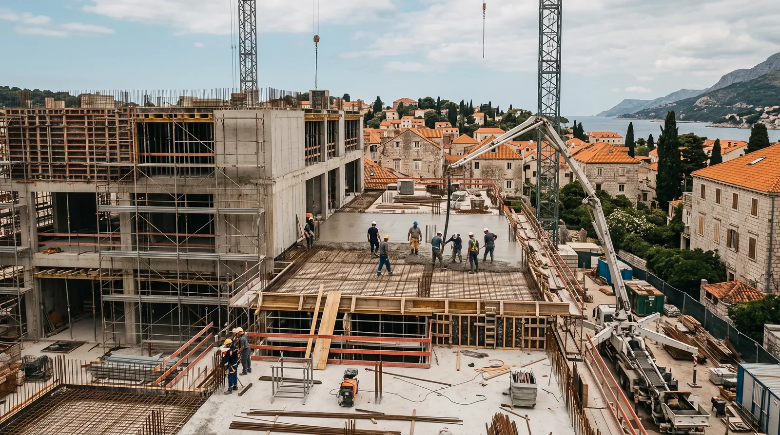 Workers pouring a concrete floor slab at a public building construction site