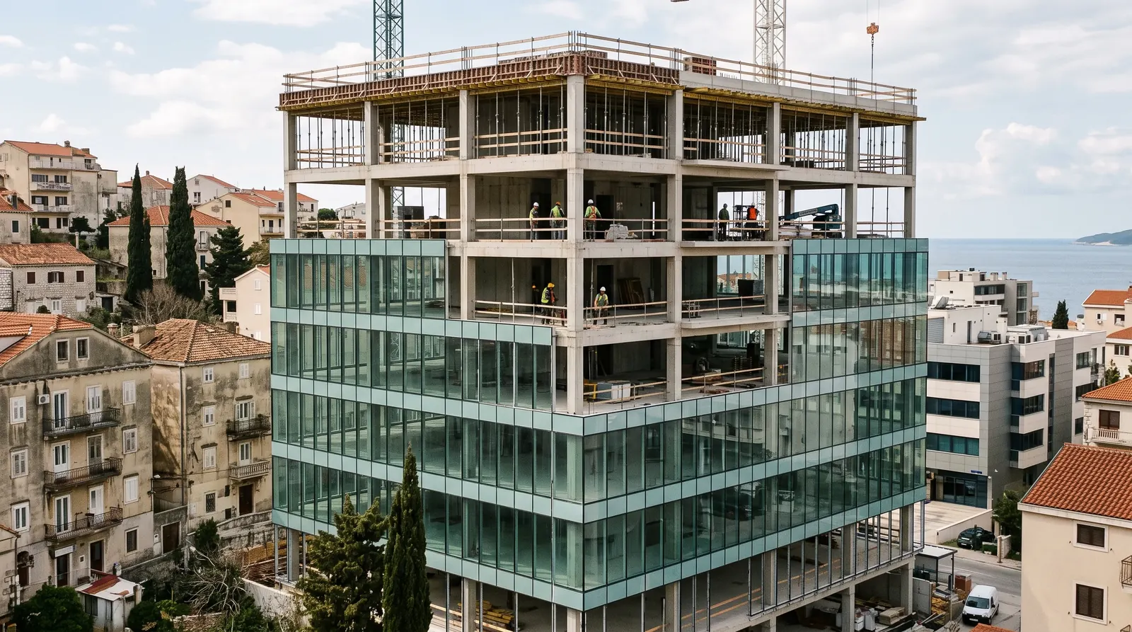 Crew working on the upper floors of a commercial building under construction