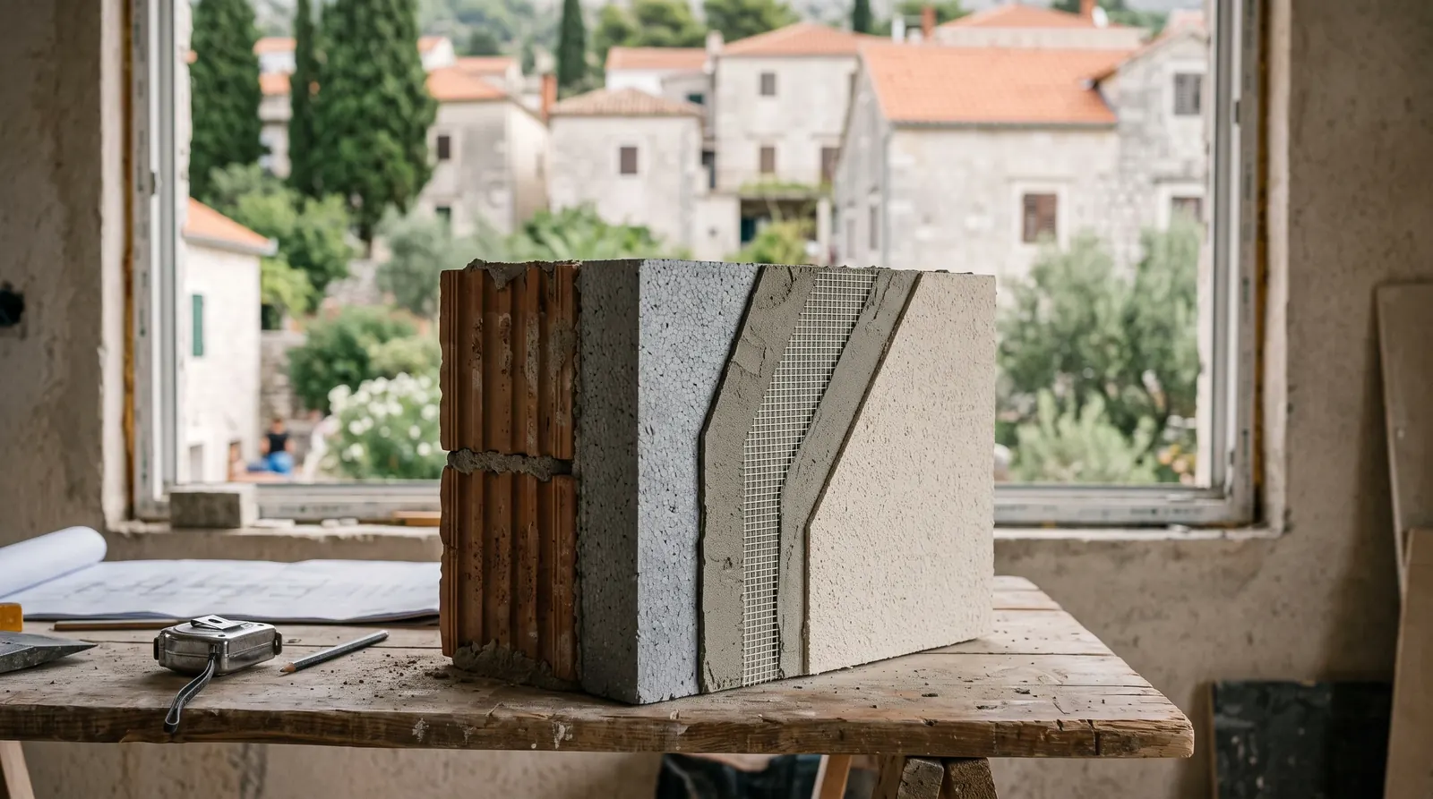 A layered wall build-up sample on a table showing masonry, insulation board, reinforcing mesh and render finish stacked side by side