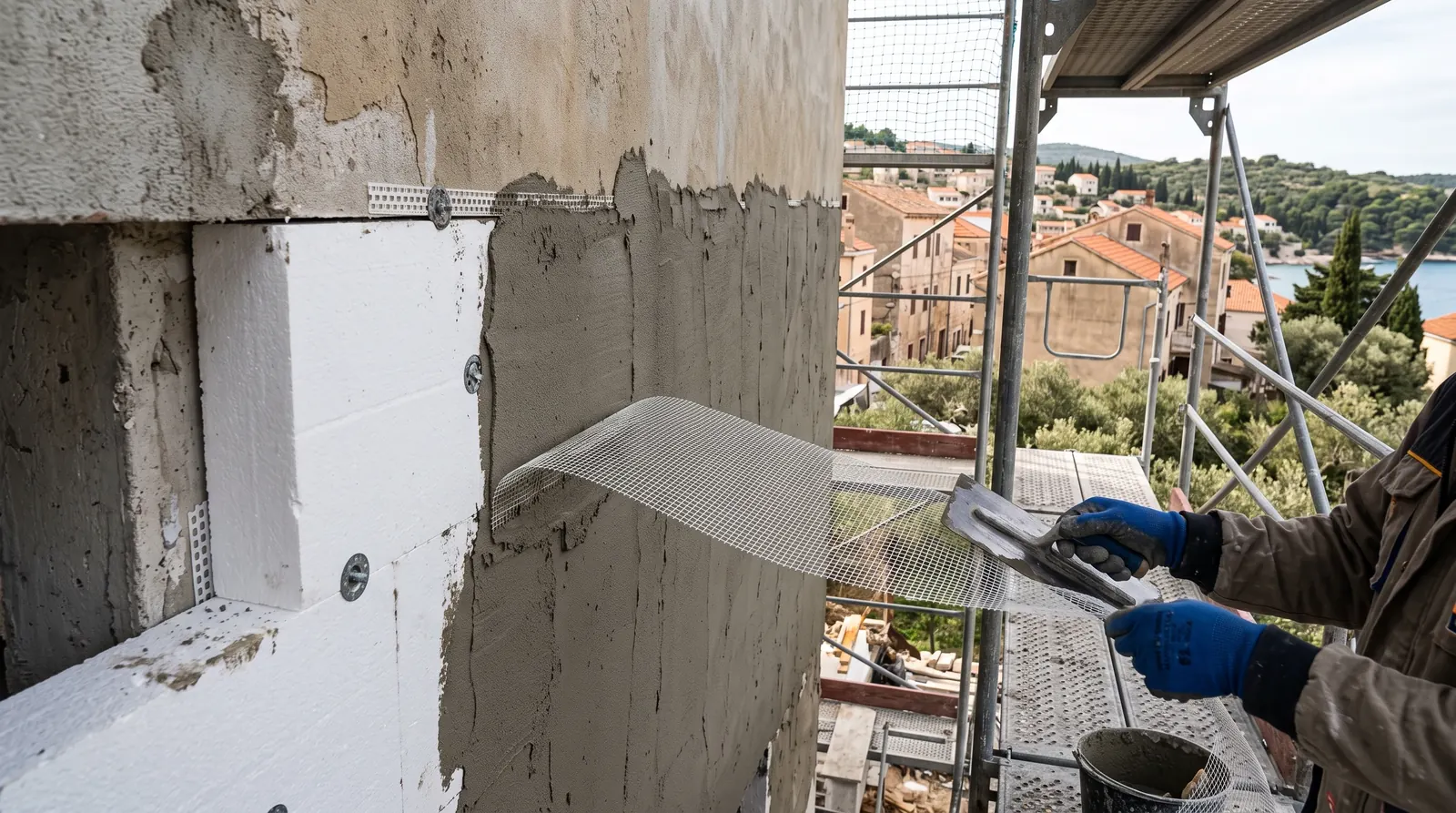 Gloved hands fixing a rigid insulation board to a building's exterior wall with an adjacent section already rendered