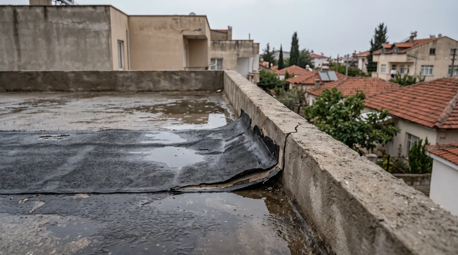 Stajaća voda na ravnoj krovnoj terasi uz napuknuti, odignuti dio hidroizolacijske membrane blizu parapetnog zida