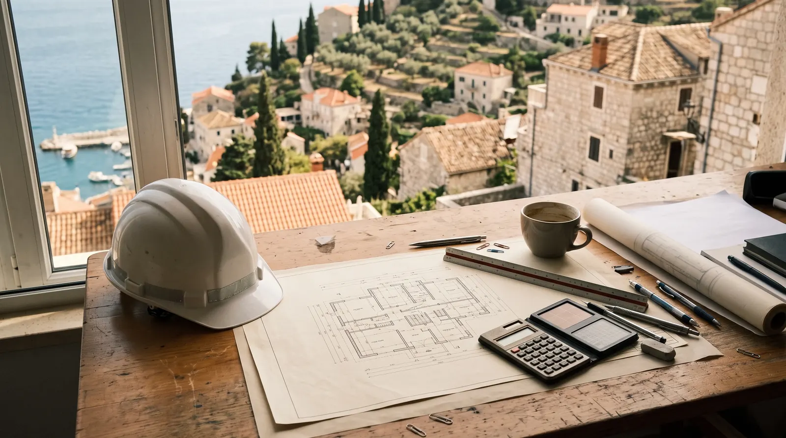 An architect's desk with a residential floor plan, a scale ruler, a calculator and a hard hat, lit by daylight from one side.