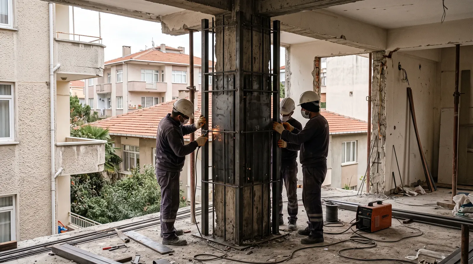 Crew welding a steel jacket around a concrete column for structural reinforcement