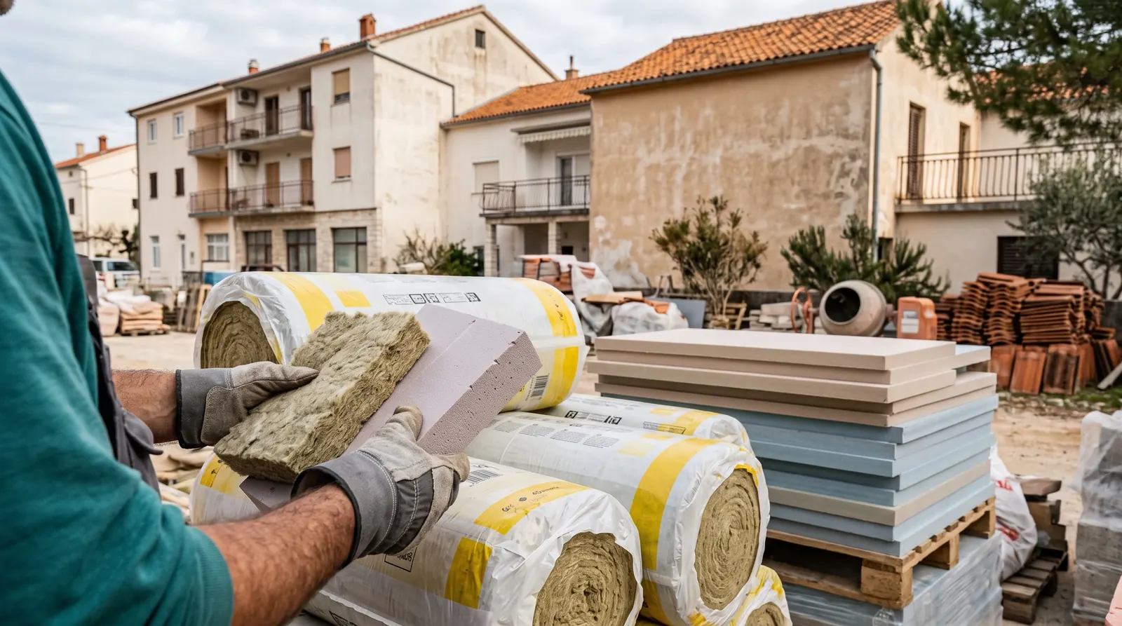 Hands comparing different insulation material samples at a site