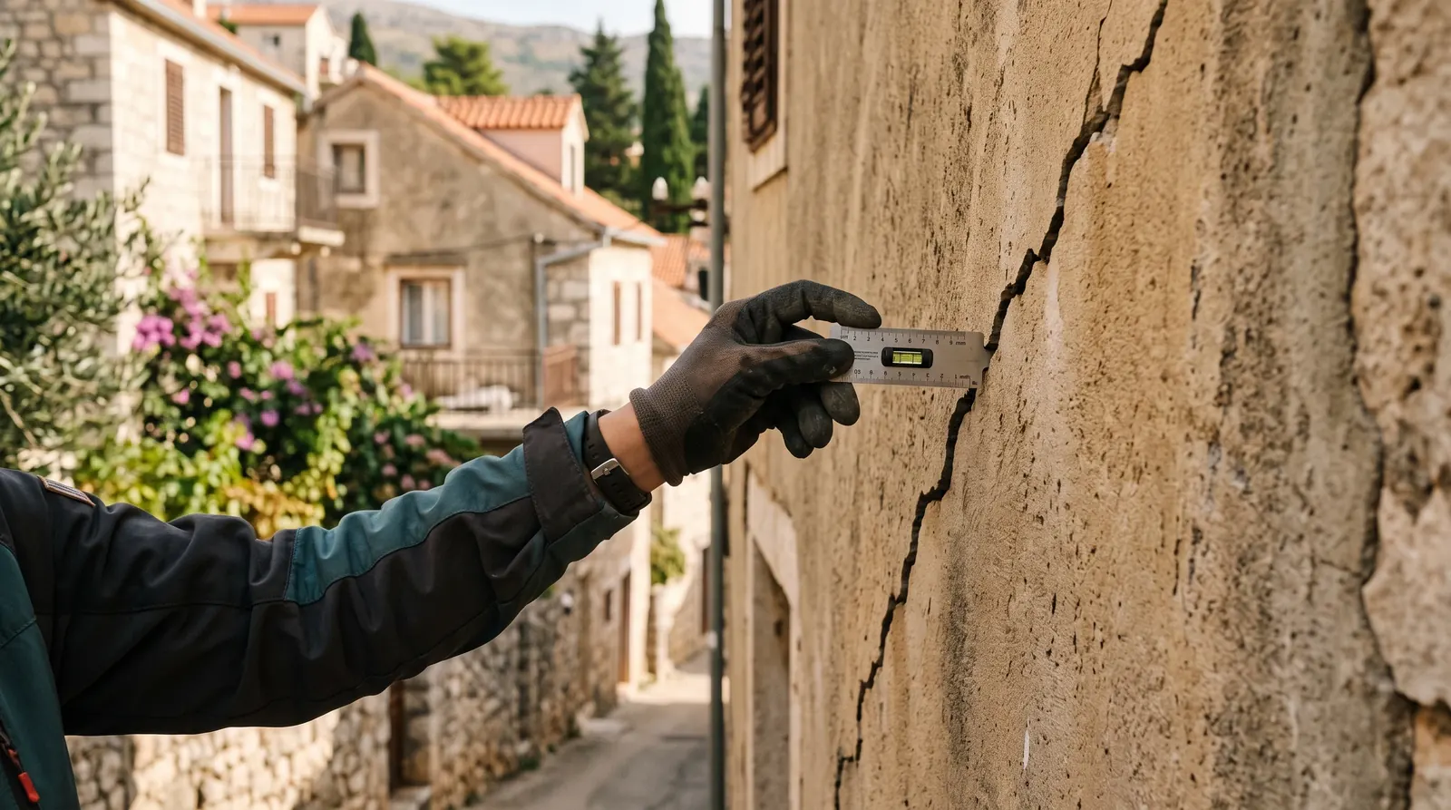 A hand measuring a crack in a building facade with a crack-width gauge