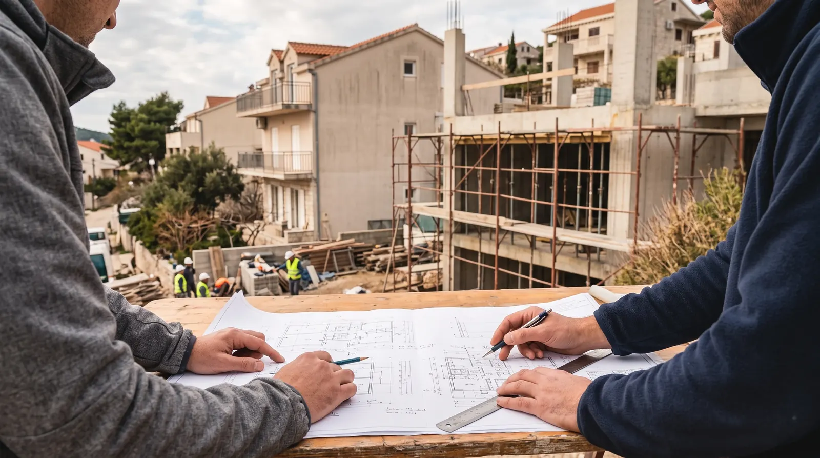 Close-up of two engineers reviewing building plans at a construction site