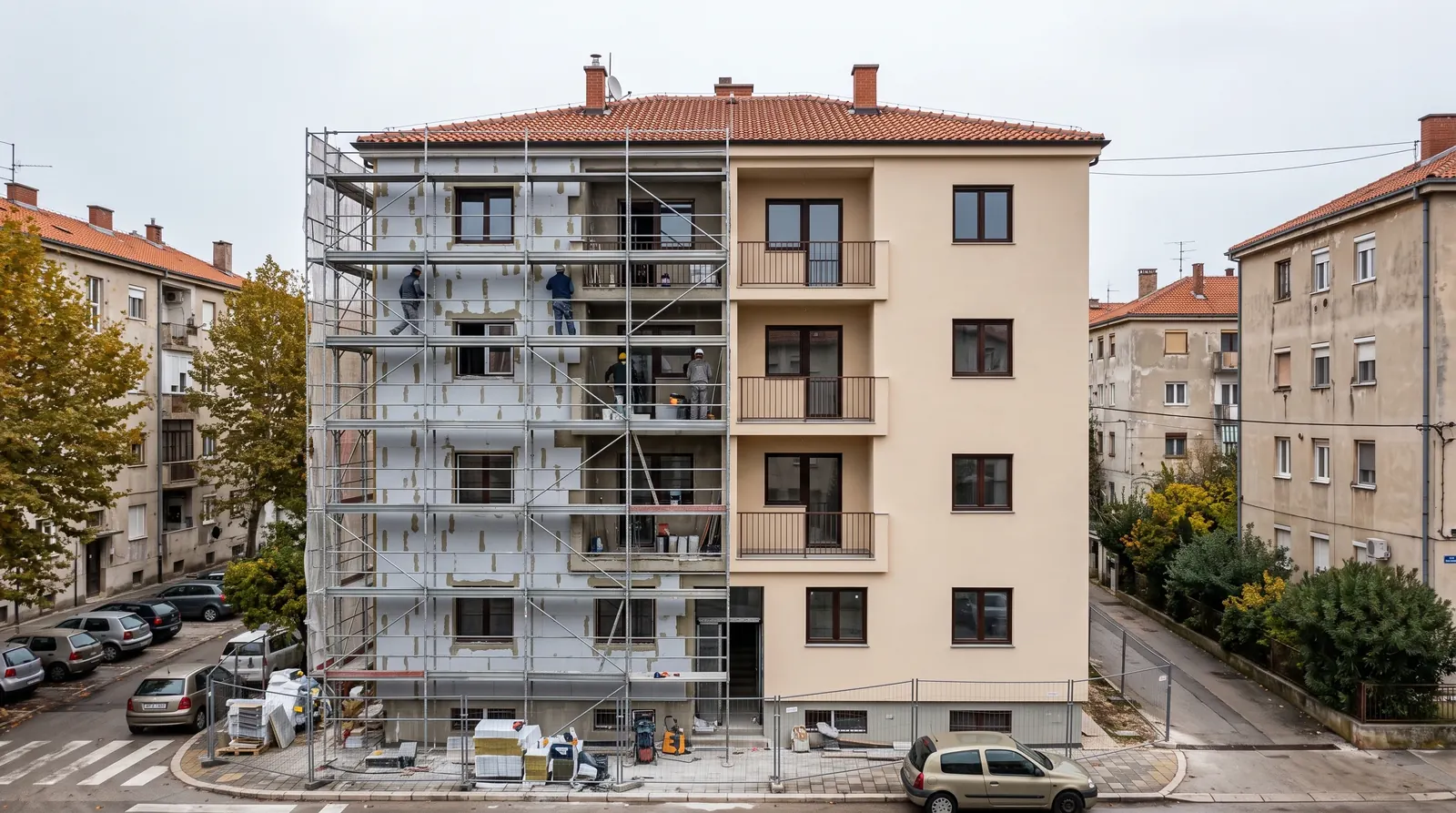 Višestambena zgrada u energetskoj obnovi — dio pročelja pod skelom s novim slojem toplinske izolacije, drugi dio s dovršenom fasadom.