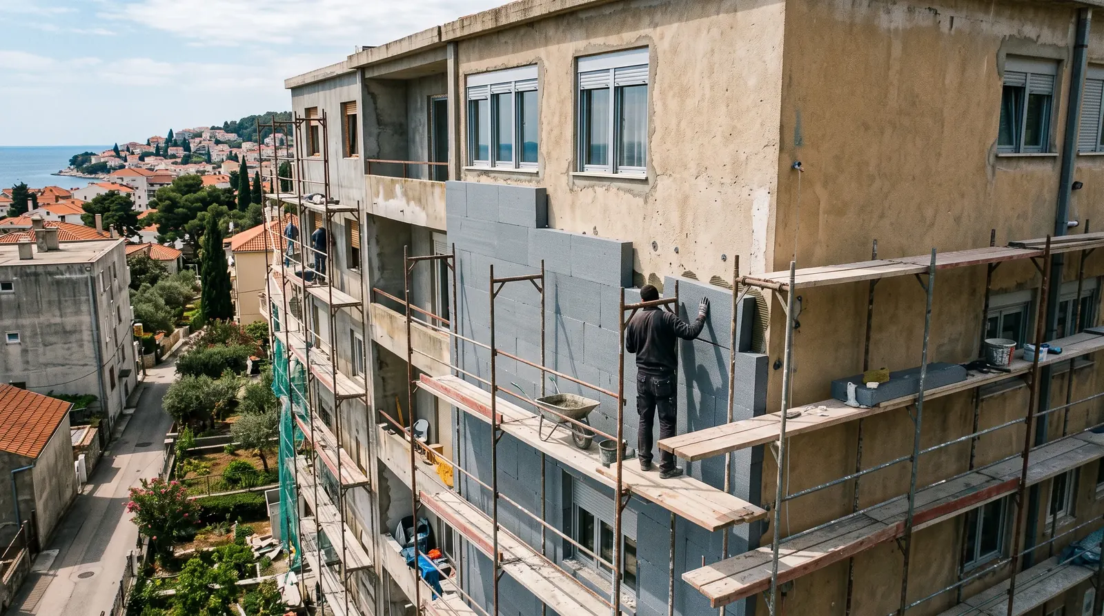 Worker installing thermal insulation boards on a building's exterior facade