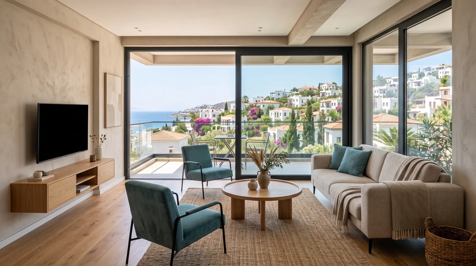 Modern living room interior in warm tones with a coastal view