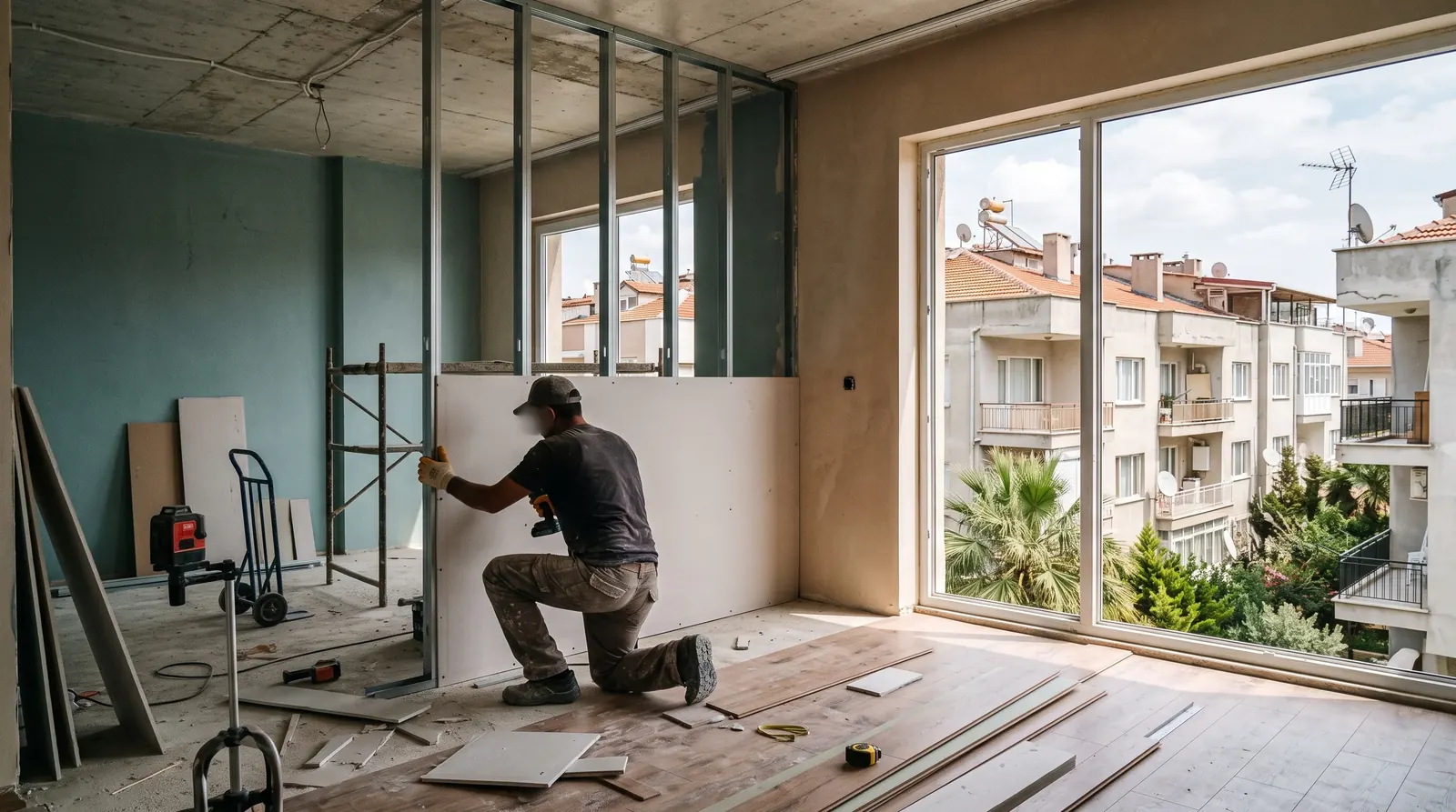 Worker installing a drywall partition during an apartment renovation