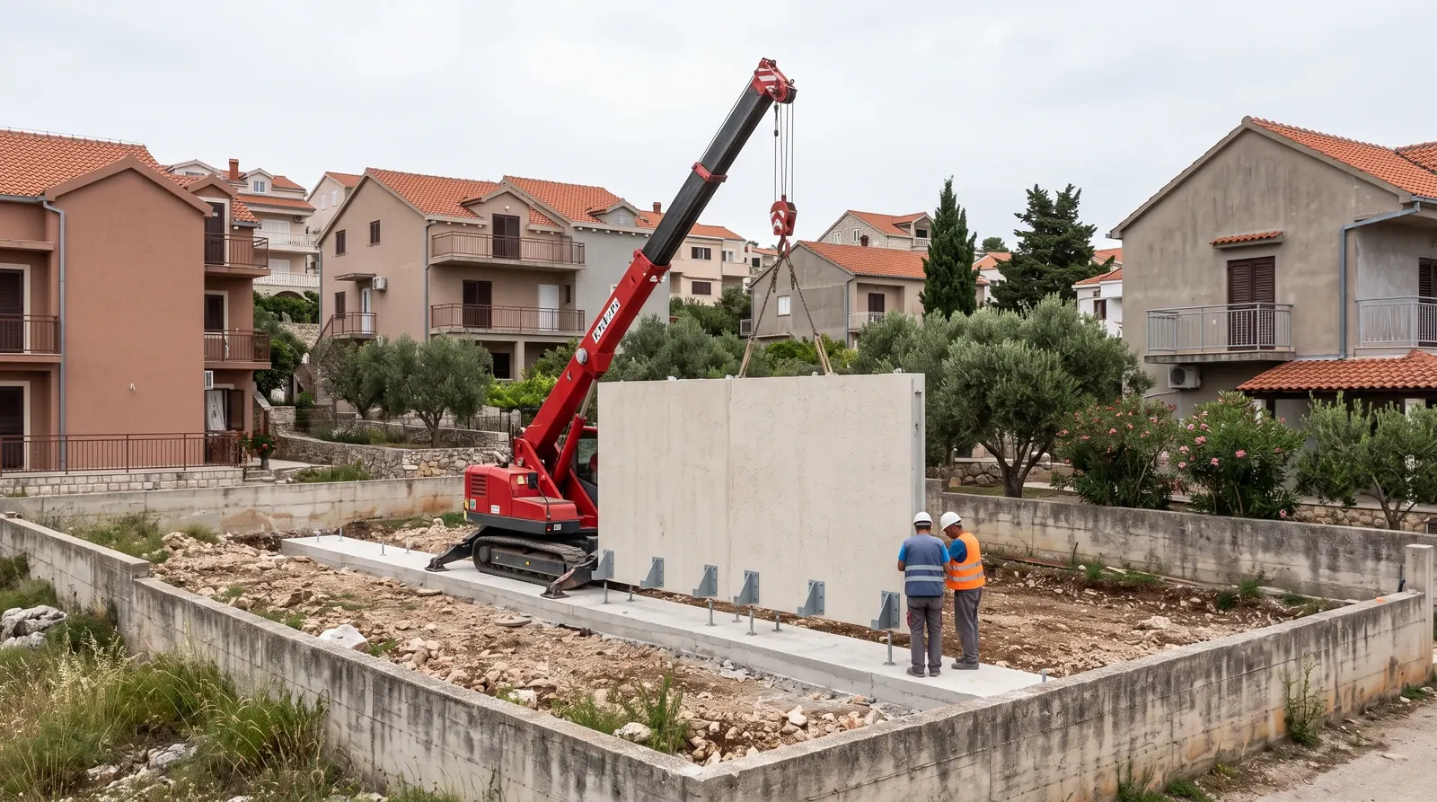 Montažni zidni panel spušta se manjom pokretnom dizalicom na gotove betonske temeljne trake; na rubu panela vide se čelični spojni elementi.